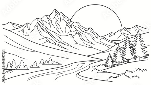 Majestic mountain range with a winding river and setting sun, rendered in a clean line art style.
