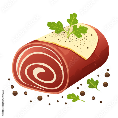 Sliced roasted meat roll with pepper crust and creamy topping garnished with fresh herbs for festive holiday dinner meal - Vector Illustration