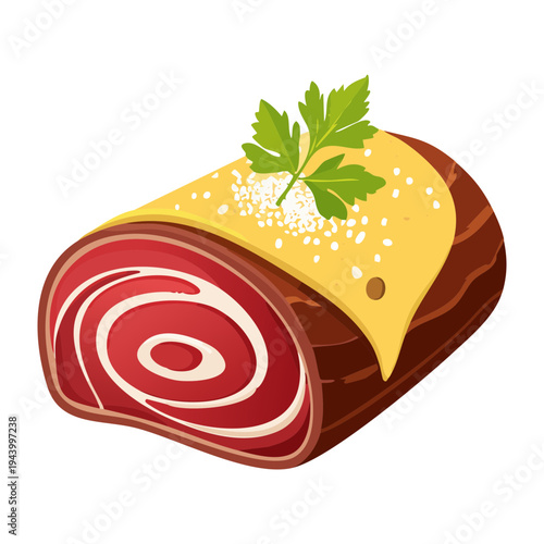 Savory meat roll slice filled with herbs and spices topped with creamy sauce and fresh parsley for dinner appetizers - Vector Illustration