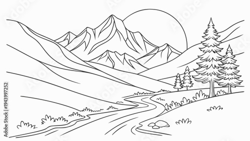 Serene mountain landscape with winding river and pine trees under a bright sun