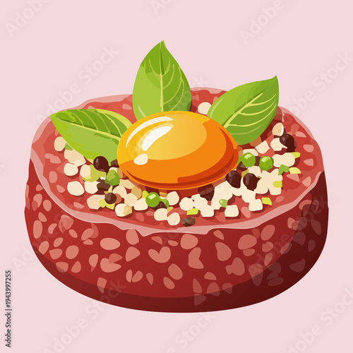 Fresh beef tartare topped with raw egg yolk and microgreens served with peppercorns for authentic french bistro appetizer dish - Vector Illustration