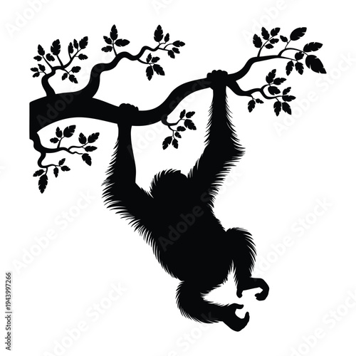 Orangutan swinging from a tree branch Vector, Silhouette, Illustration