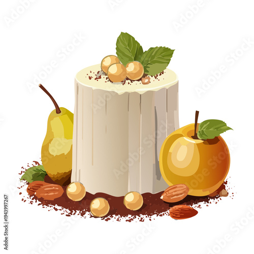 Creamy panna cotta dessert with caramel sauce walnuts and fresh pear slices served on a bed of cocoa powder - Vector Illustration