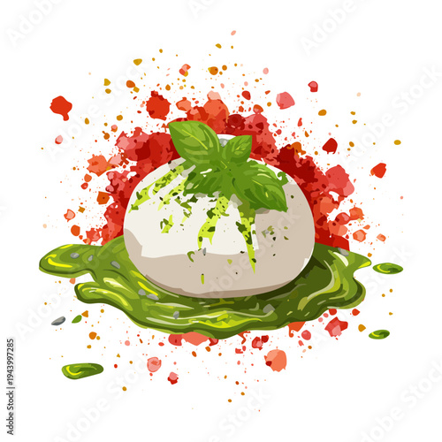 Italian burrata cheese ball with splash of pesto and red tomato sauce garnished with fresh basil leaves for appetizers - Vector Illustration