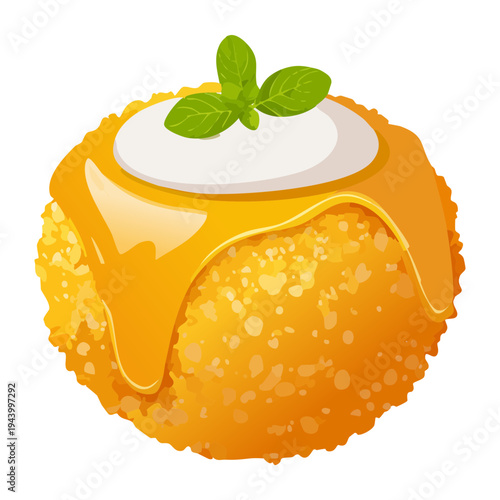 Crispy golden fried arancini rice ball topped with fresh basil and savory yellow sauce for authentic italian street food - Vector Illustration