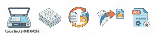 Set of document management icons shows the process of scanning paper, converting files, and creating a digital PDF for cloud storage and download in a simple line art style