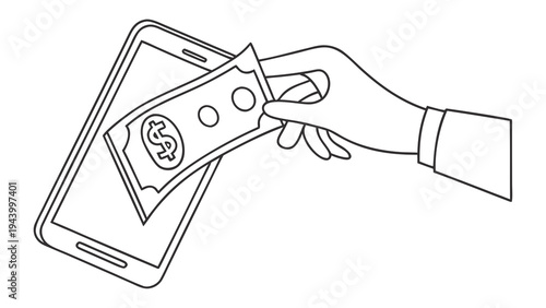 Hand inserting banknote into smartphone screen, representing digital payment or online transaction