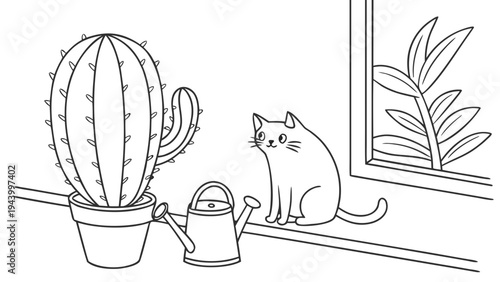 Curious cat watches a potted cactus on a windowsill with a watering can