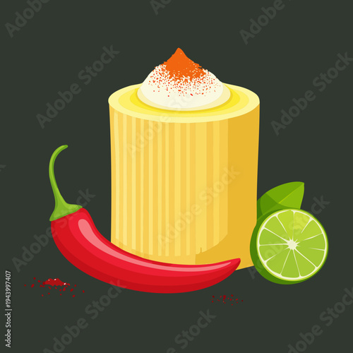 Gourmet savory mousse cylinder with spicy chili and lime decoration on a dark background for fine dining appetizer menu - Vector Illustration