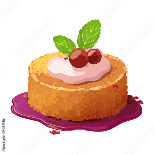 Mini savory cake with creamy topping and red berries garnished with fresh green leaves for creative appetizer or dessert - Vector Illustration