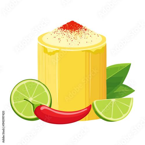 Steamed savory cake with red chili and green lime slices topped with spice powder for ethnic fusion cuisine appetizer - Vector Illustration
