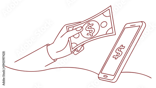 Hand holding cash near smartphone displaying dollar sign, symbolizing digital payment or financial transaction.