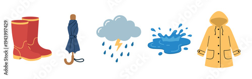 Charming collection of hand-drawn rainy weather icons showing red boots, a folded umbrella, a thunder cloud, a water puddle, and a yellow hooded raincoat