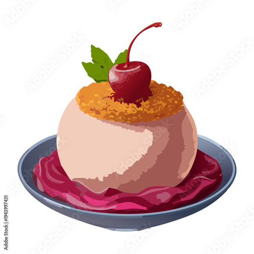 Smooth berry panna cotta dessert topped with a cherry and rosemary sprig served with sweet purple fruit syrup glaze - Vector Illustration