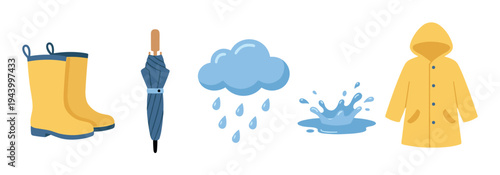 Set of rainy weather essentials including yellow rubber boots, a folded blue umbrella, a rain cloud, a puddle splash, and a yellow raincoat in a flat vector style