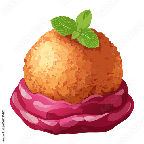 Crispy fried meatball served on a bed of purple cabbage slaw with fresh herb garnish for hearty savory appetizer - Vector Illustration