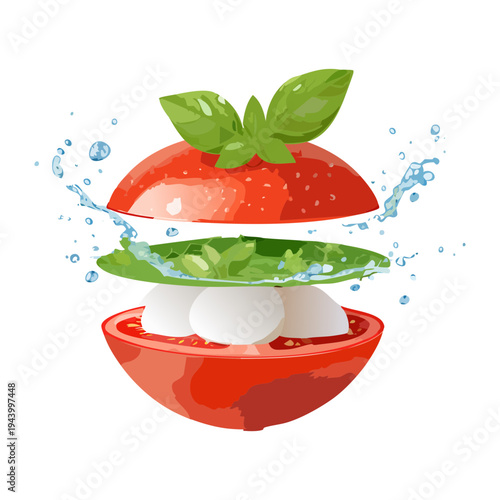 Deconstructed tomato and mozzarella caprese salad with water splash and fresh basil leaves for refreshing healthy appetizer dish - Vector Illustration