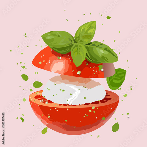 Fresh tomato and mozzarella salad tower with aromatic basil leaves and peppercorns for authentic italian caprese appetizer menu - Vector Illustration