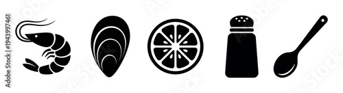 Black silhouette icons of seafood ingredients including a shrimp, mussel, lemon slice, salt shaker, and spoon in a simple graphic illustration set