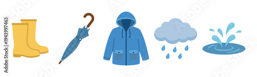 Rainy weather icon set with yellow rubber boots, a folded blue umbrella, a hooded raincoat, a cloud, and a splashing puddle, illustrated in a simple flat design style