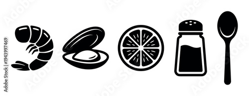 Set of black seafood icons featuring a shrimp, oyster, lemon slice, salt shaker, and spoon in a minimalist graphic style, representing culinary and restaurant elements