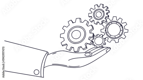 Hand holding interconnected gears symbolizing collaboration and innovation in business