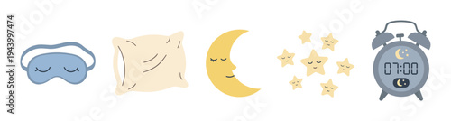 Cute set of sleep-themed illustrations featuring a sleeping mask, soft pillow, crescent moon, stars, and an alarm clock for a healthy bedtime routine and good night's rest