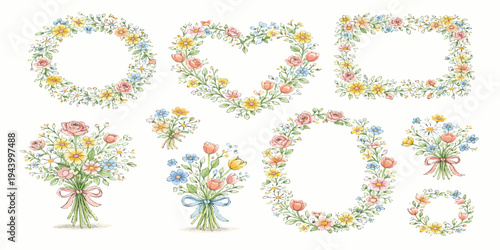 Floral alphabet letter design with pink spring flowers and heart shape vector illustration for a Valentine holiday card decoration art