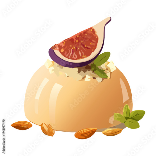 Elegant milk pudding dome with fig slice and almond nuts garnish drizzled with sweet honey for gourmet dessert menu - Vector Illustration