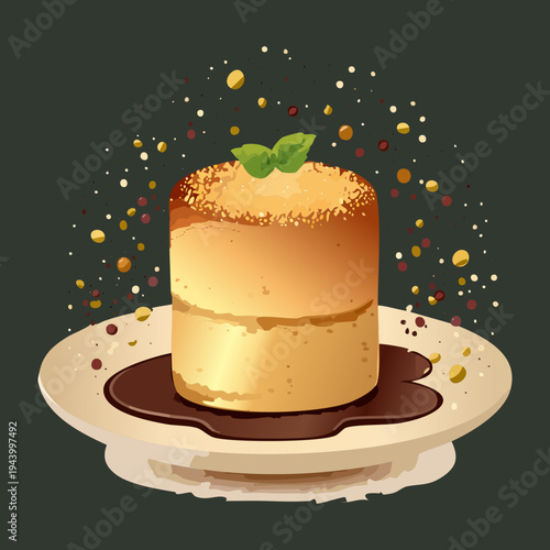 Creamy flan caramel dessert with golden syrup and chocolate crumbs garnish for traditional sweet treat and restaurant menu - Vector Illustration
