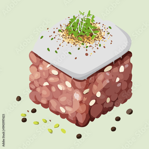 Gourmet beef tartare cube with creamy topping and aromatic herbs for sophisticated appetizer and restaurant food menu presentation - Vector Illustration