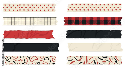 Washi Tape Set Vector, Decorative Masking Tape Strips with Buffalo Plaid, Polka Dots, Grid, and Abstract Patterns for Digital Scrapbooking, Bullet Journaling, and DIY Craft Design