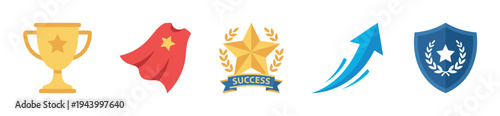 Collection of five flat design icons representing success, including a gold trophy, a red hero cape, a star award, a blue growth arrow, and a victory shield with a laurel wreath