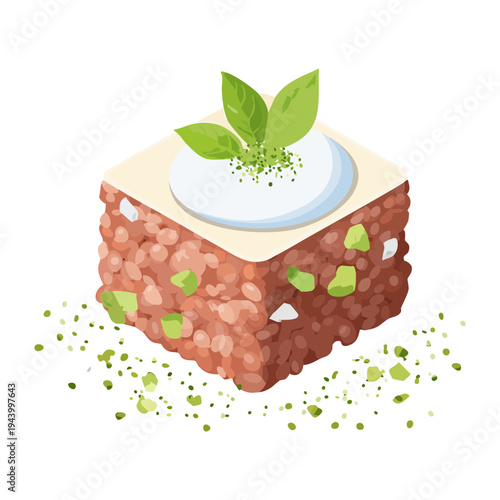 Savory meat mousse cube topped with fresh cream and herb garnish for creative culinary appetizer and gourmet food snack - Vector Illustration