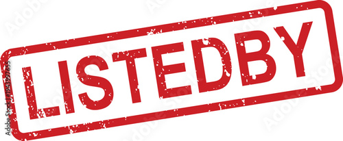 A distinct red grunge effect rubber stamp prominently displays the word LISTEDBY on a pure white canvas