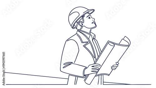 Construction worker in hard hat holding blueprints and looking up with determination.