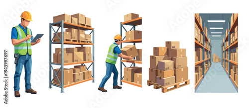 Warehouse worker and logistics elements illustration set showing a man with a tablet, another stacking boxes on shelves, a pallet, and a storage aisle for inventory management