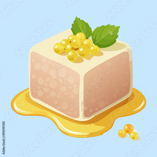 Premium meat mousse cube with yellow sauce and herb garnish for elegant gourmet appetizer and restaurant food menu - Vector Illustration