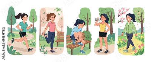 Set of five illustrations showing a woman's fitness routine in a park, including running, stretching, tying shoelaces, drinking water, and walking for a healthy lifestyle