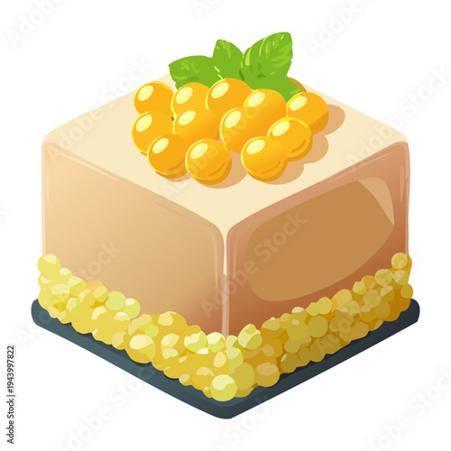 Elegant savory mousse cube with grain topping and herb garnish for sophisticated gourmet appetizer and restaurant food menu - Vector Illustration
