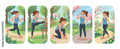 Collection of five cartoon scenes depicting a woman exercising outdoors, running on a path, stretching on a bench, tying her shoes, hydrating, and walking through a blooming park