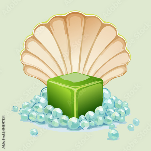 Unique savory green cube served in a seashell with pearls for creative gourmet appetizer and seafood restaurant menu - Vector Illustration
