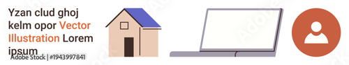 Remote work, home office, digital communication, user identification, connectivity, online presence. Minimal house, laptop and person icons. Remote work and home office concepts