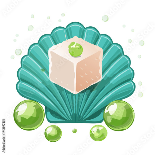 Creative tofu cube in a seashell with pearl decoration for artistic vegan appetizer and seafood restaurant food menu - Vector Illustration