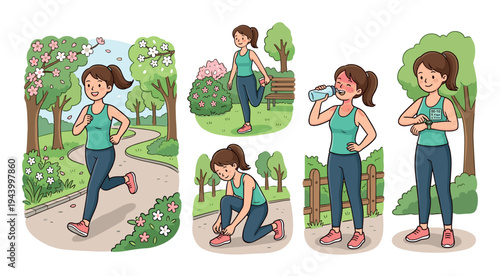 Hand-drawn illustration set of a woman exercising outdoors, showing a workout routine with running, stretching, drinking water, and checking a smartwatch in a spring park