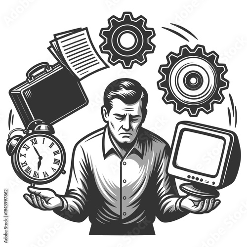 stressed businessman juggling clock, documents, computer, and gears, multitasking, productivity pressure, and time management sketch engraving generative ai vector illustration. Black and white image.