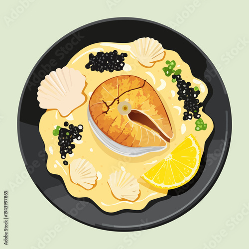 Gourmet seafood platter with fish fillet caviar and lemon garnish for premium restaurant menu and luxury catering food - Vector Illustration