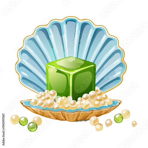 Artistic savory cube in a seashell with bubbles and herb garnish for modern gourmet appetizer and seafood menu - Vector Illustration