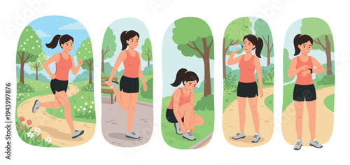 Young athletic woman's running workout routine shown in a sequence of five illustrations, including jogging, stretching, tying shoelaces, hydrating, and checking a smartwatch