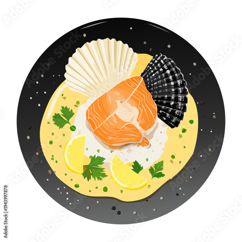 Premium seafood dish with fish fillet scallops and lemon garnish for sophisticated fine dining menu and gourmet catering - Vector Illustration